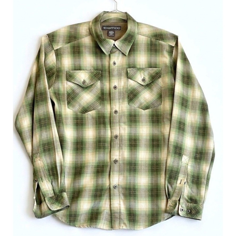 ExOfficio Mens Medium Green Plaid Ventilated Hiking Button Up Shirt